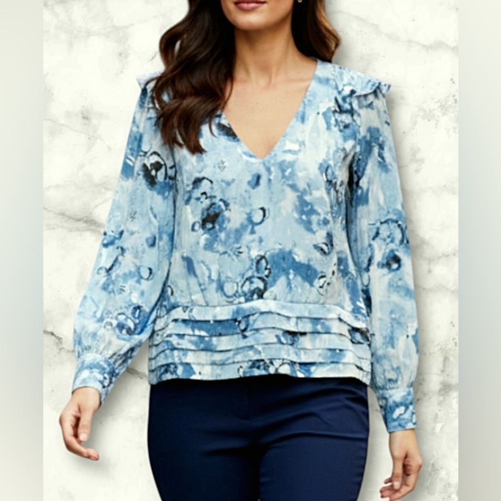 NWT White House Black Market Breathless Glass V Neck Ruffles Blouse Size 14